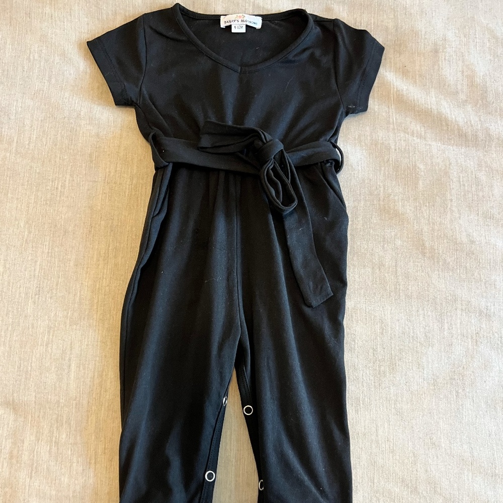 Bailey's Blossoms Black Romper with Belt 9-12M